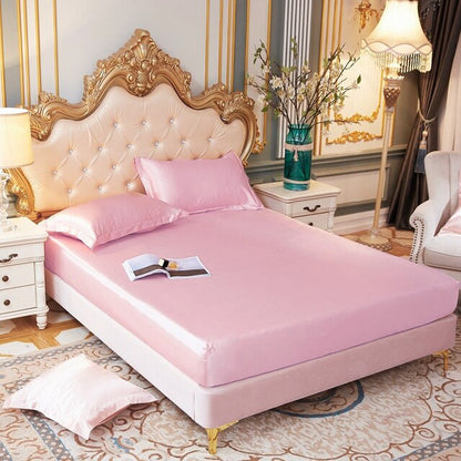 Luxury 4-Piece Silky Satin Flat Fitted Sheets Pillowcase Bed Set (Pink, King)