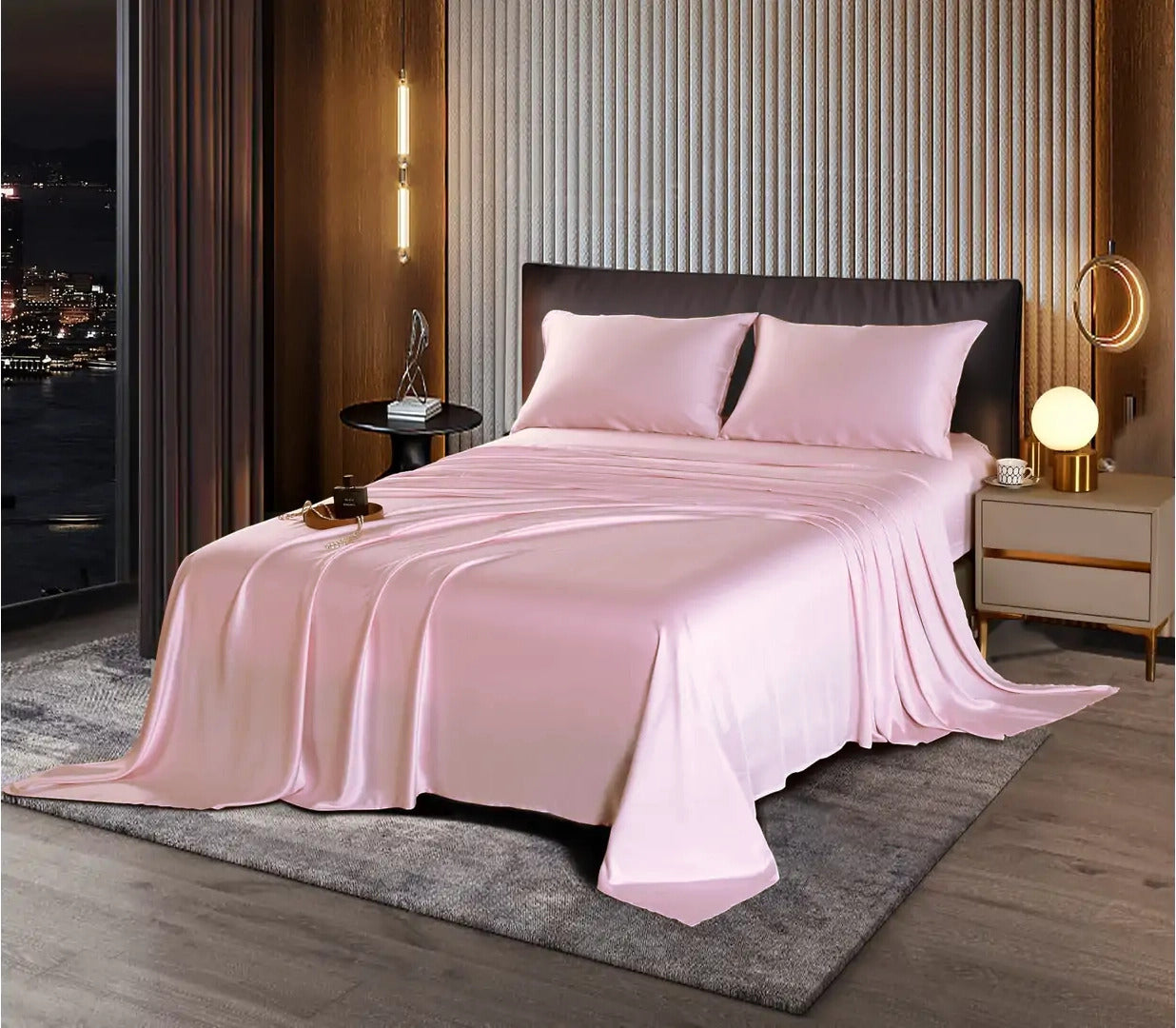 Luxury 4-Piece Silky Satin Flat Fitted Sheets Pillowcase Bed Set (Pink, King)