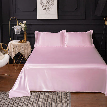 Luxury 4-Piece Silky Satin Flat Fitted Sheets Pillowcase Bed Set (Pink, King)