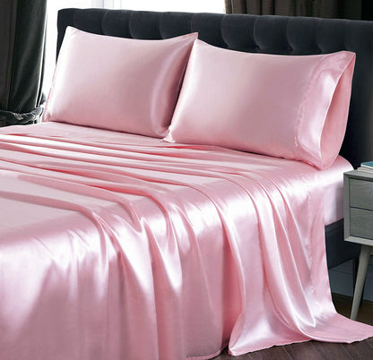 Luxury 4-Piece Silky Satin Flat Fitted Sheets Pillowcase Bed Set (Pink, King)