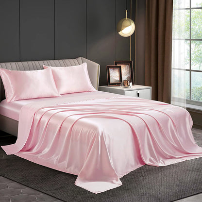 Luxury 4-Piece Silky Satin Flat Fitted Sheets Pillowcase Bed Set (Pink, King)