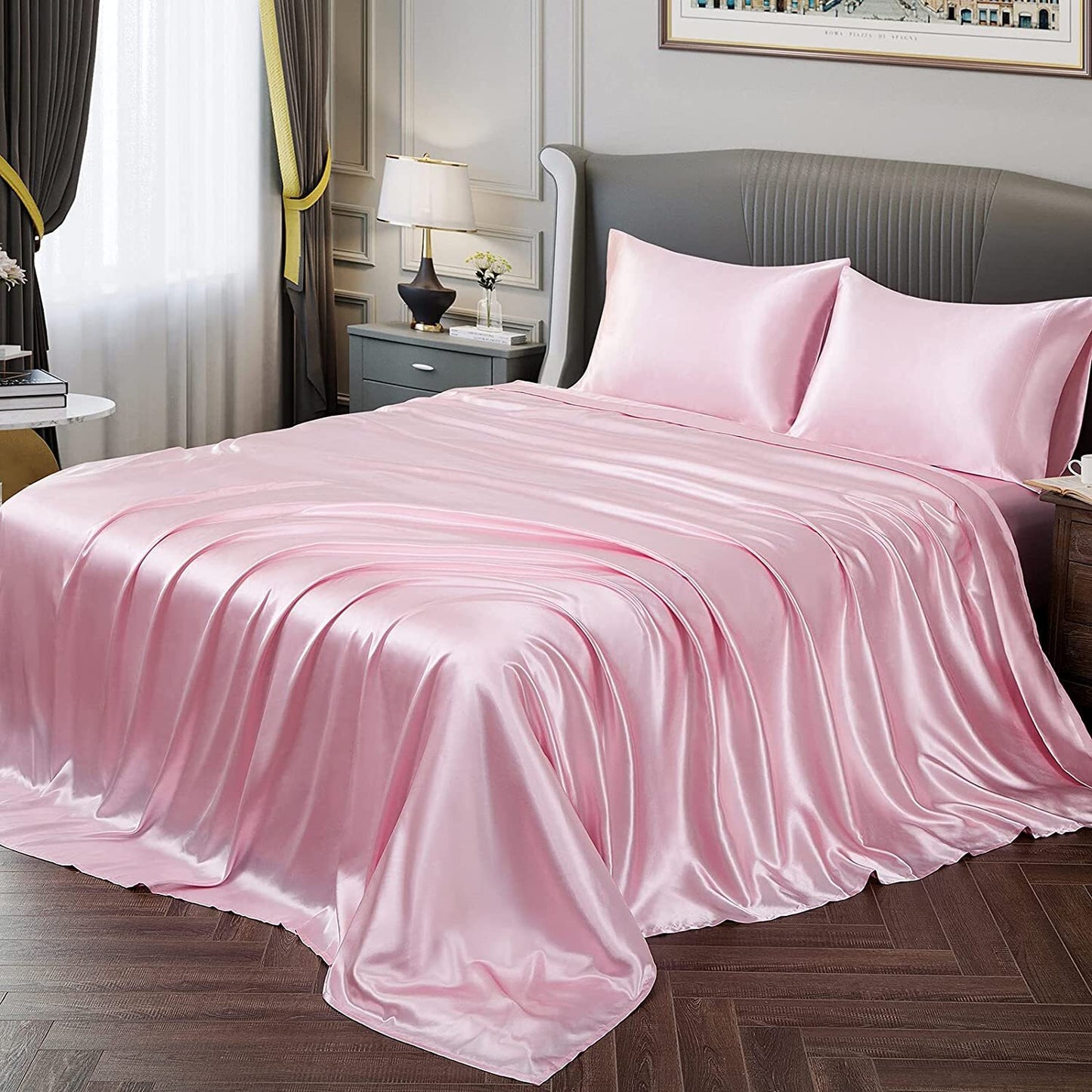 Luxury 4-Piece Silky Satin Flat Fitted Sheets Pillowcase Bed Set (Pink, King)