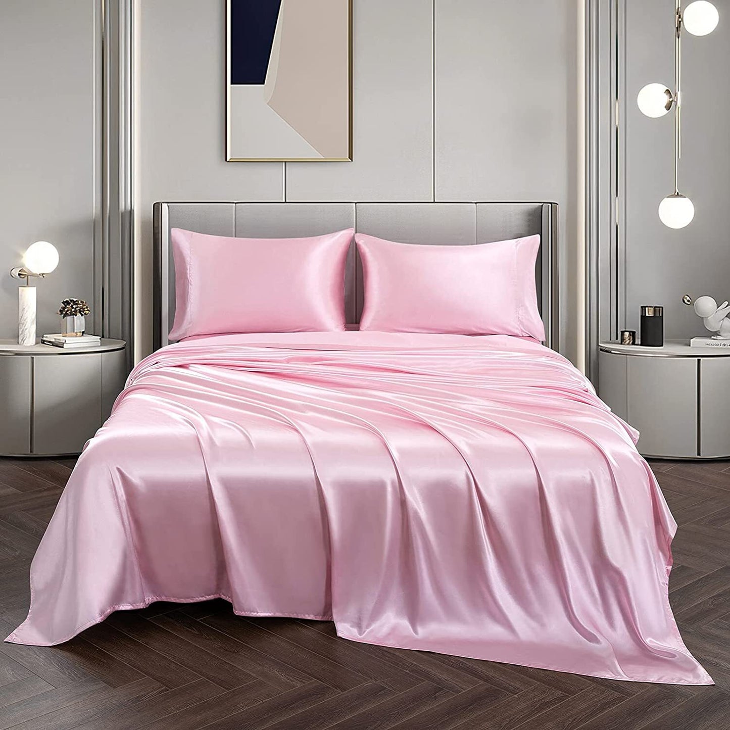 Luxury 4-Piece Silky Satin Flat Fitted Sheets Pillowcase Bed Set (Pink, King)