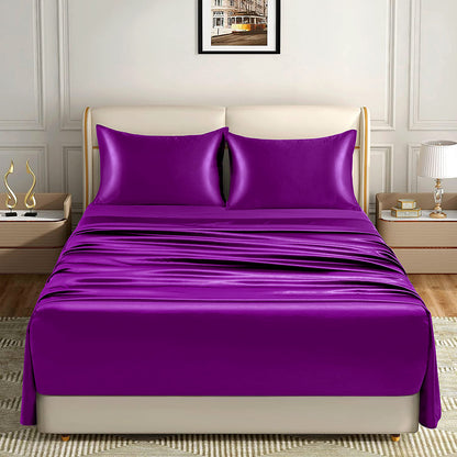 Luxury 4-Piece Silky Satin Flat Fitted Sheets Pillowcase Bed Set (Purple, King)