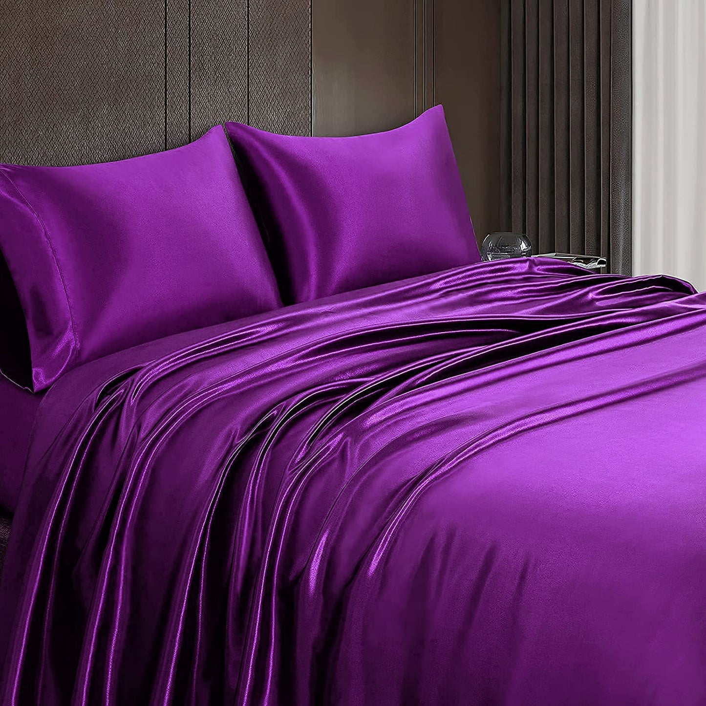 Luxury 4-Piece Silky Satin Flat Fitted Sheets Pillowcase Bed Set (Purple, King)