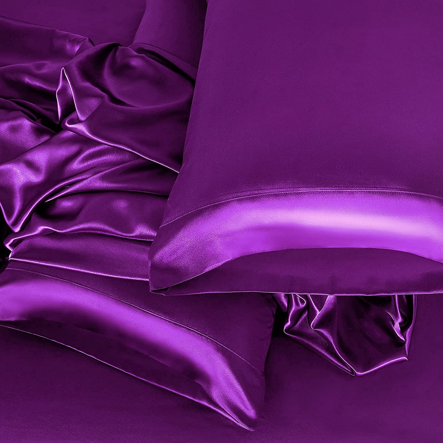 Luxury 4-Piece Silky Satin Flat Fitted Sheets Pillowcase Bed Set (Purple, King)