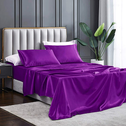 Luxury 4-Piece Silky Satin Flat Fitted Sheets Pillowcase Bed Set (Purple, King)