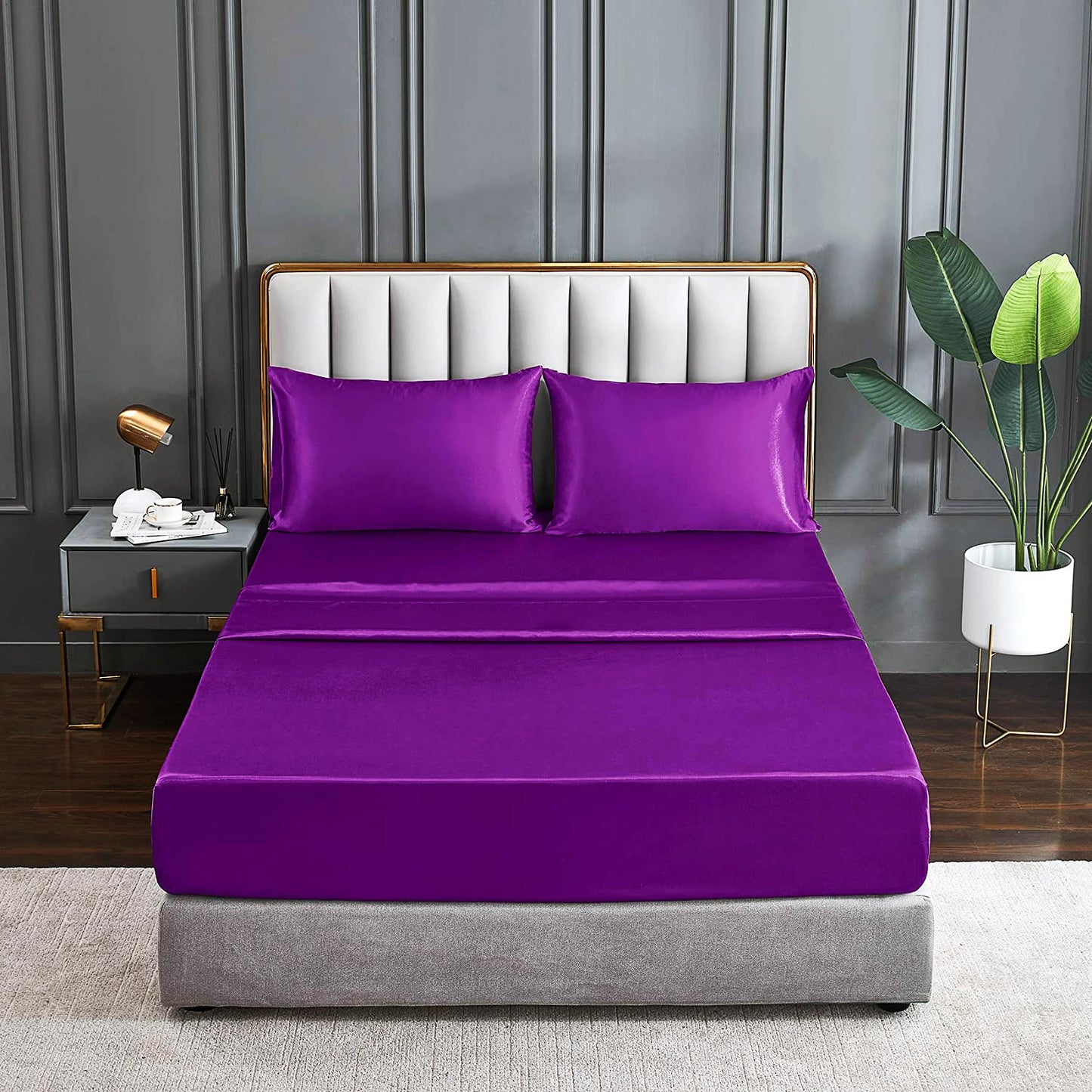 Luxury 4-Piece Silky Satin Flat Fitted Sheets Pillowcase Bed Set (Purple, King)