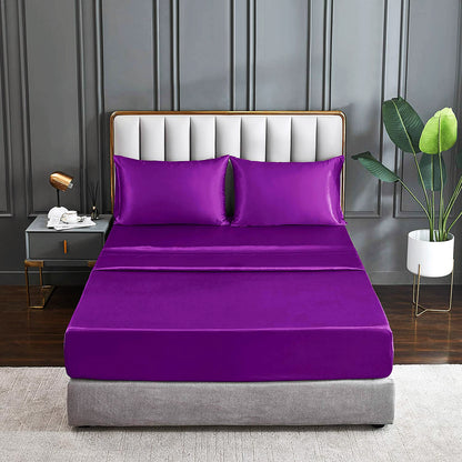 Luxury 4-Piece Silky Satin Flat Fitted Sheets Pillowcase Bed Set (Purple, King)