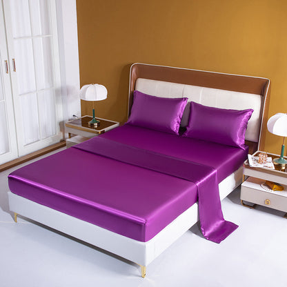 Luxury 4-Piece Silky Satin Flat Fitted Sheets Pillowcase Bed Set (Purple, King)