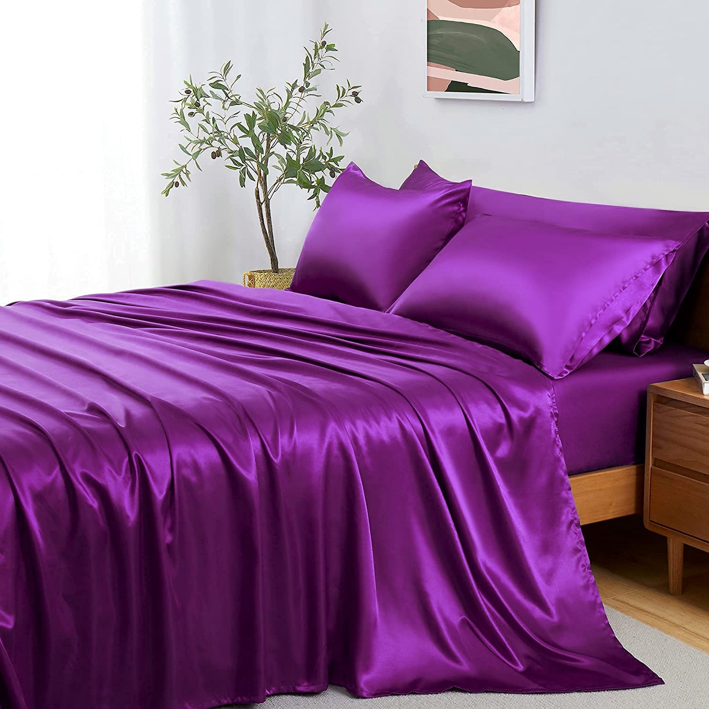 Luxury 4-Piece Silky Satin Flat Fitted Sheets Pillowcase Bed Set (Purple, King)