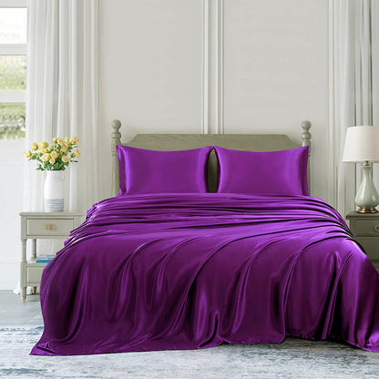 Luxury 4-Piece Silky Satin Flat Fitted Sheets Pillowcase Bed Set (Purple, King)