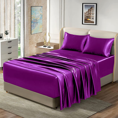 Luxury 4-Piece Silky Satin Flat Fitted Sheets Pillowcase Bed Set (Purple, King)