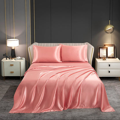 Luxury 4-Piece Silky Satin Flat Fitted Sheets Pillowcase Bed Set (Rose Gold, Queen)