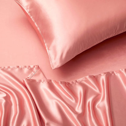 Luxury 4-Piece Silky Satin Flat Fitted Sheets Pillowcase Bed Set (Rose Gold, Queen)