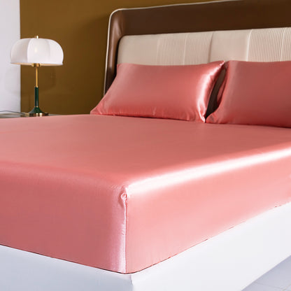 Luxury 4-Piece Silky Satin Flat Fitted Sheets Pillowcase Bed Set (Rose Gold, Queen)