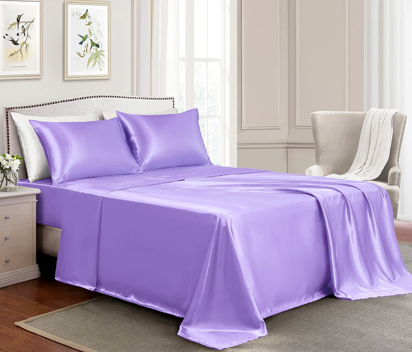 Luxury 4-Piece Silky Satin Flat Fitted Sheets Pillowcase Bed Set (Lavendar, Queen)