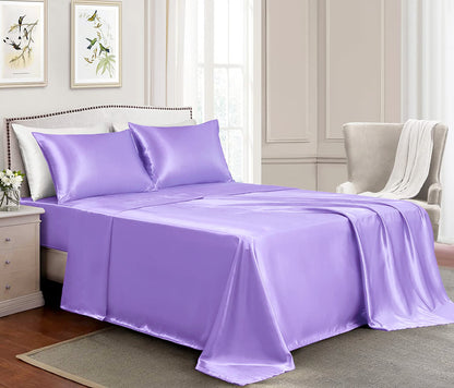 Luxury 4-Piece Silky Satin Flat Fitted Sheets Pillowcase Bed Set (Lavendar, Queen)