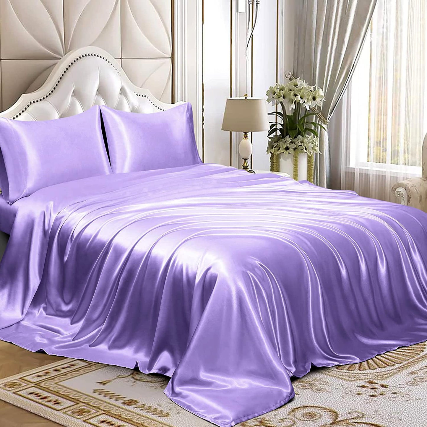 Luxury 4-Piece Silky Satin Flat Fitted Sheets Pillowcase Bed Set (Lavendar, Queen)