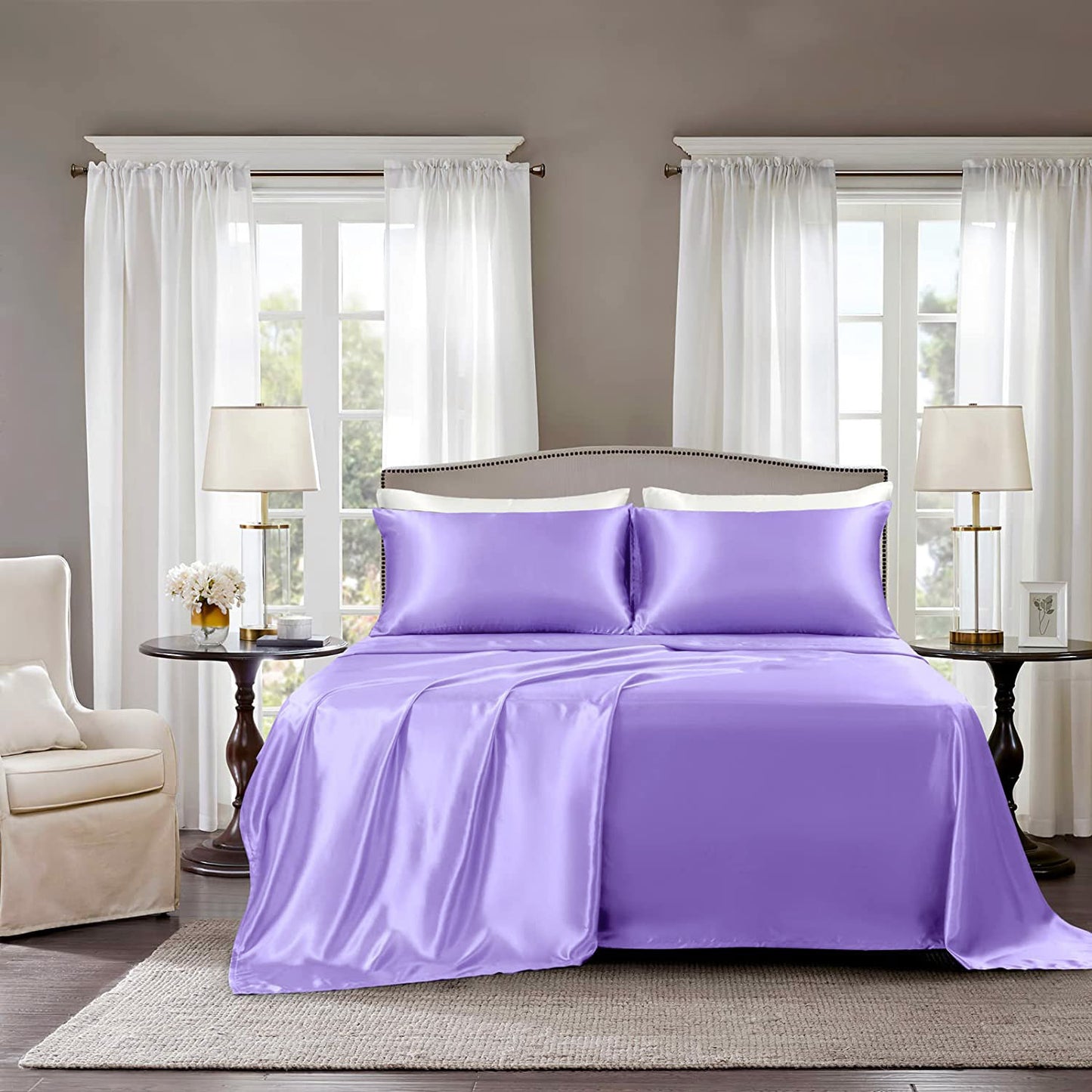 Luxury 4-Piece Silky Satin Flat Fitted Sheets Pillowcase Bed Set (Lavendar, Queen)