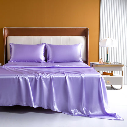 Luxury 4-Piece Silky Satin Flat Fitted Sheets Pillowcase Bed Set (Lavendar, Queen)