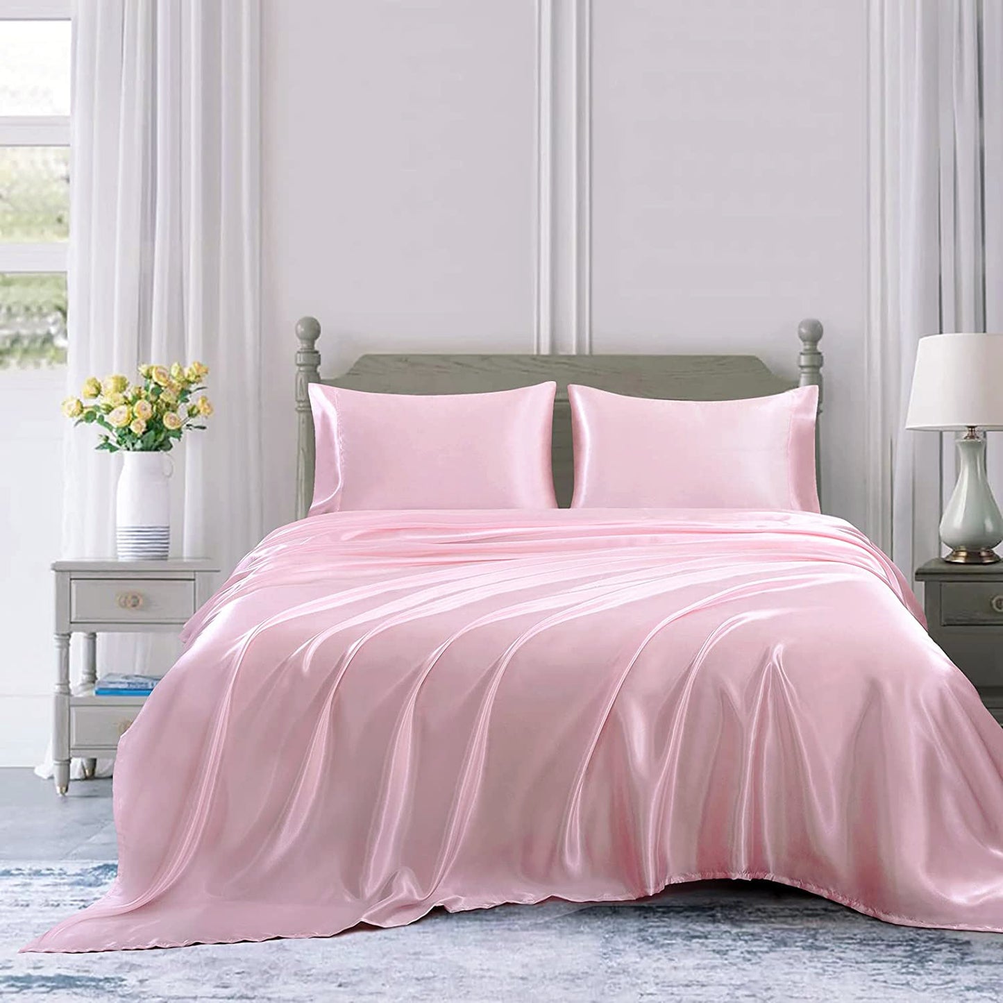 Luxury 4-Piece Silky Satin Flat Fitted Sheets Pillowcase Bed Set (Pink, Queen)