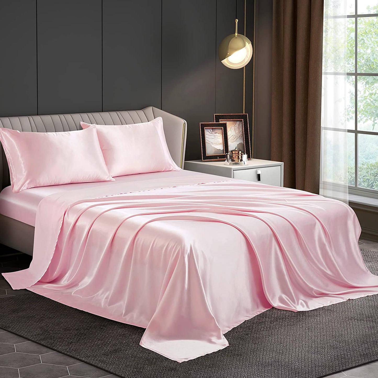 Luxury 4-Piece Silky Satin Flat Fitted Sheets Pillowcase Bed Set (Pink, Queen)