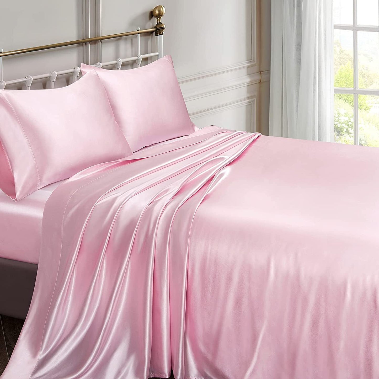 Luxury 4-Piece Silky Satin Flat Fitted Sheets Pillowcase Bed Set (Pink, Queen)