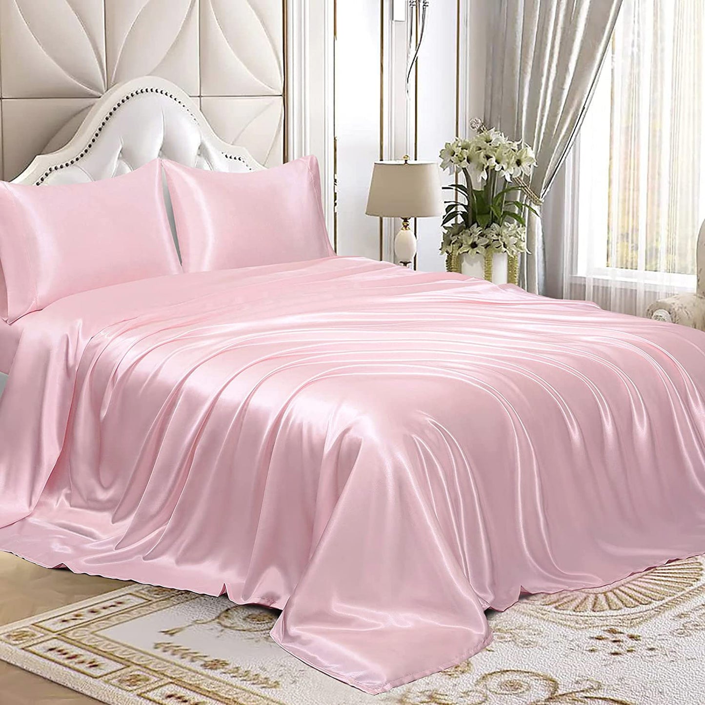 Luxury 4-Piece Silky Satin Flat Fitted Sheets Pillowcase Bed Set (Pink, Queen)