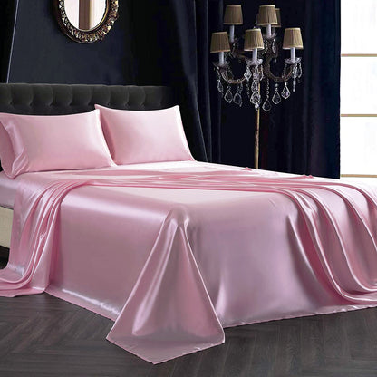 Luxury 4-Piece Silky Satin Flat Fitted Sheets Pillowcase Bed Set (Pink, Queen)