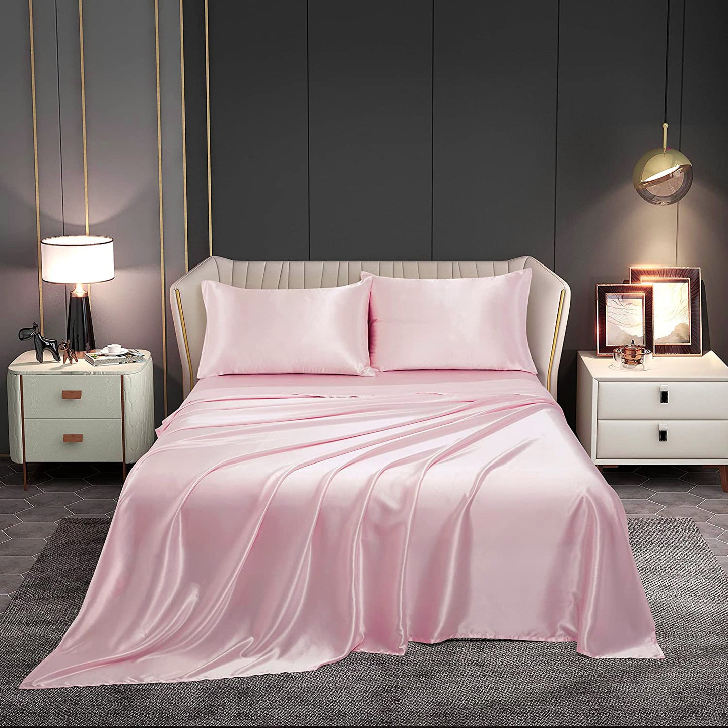 Luxury 4-Piece Silky Satin Flat Fitted Sheets Pillowcase Bed Set (Pink, Queen)