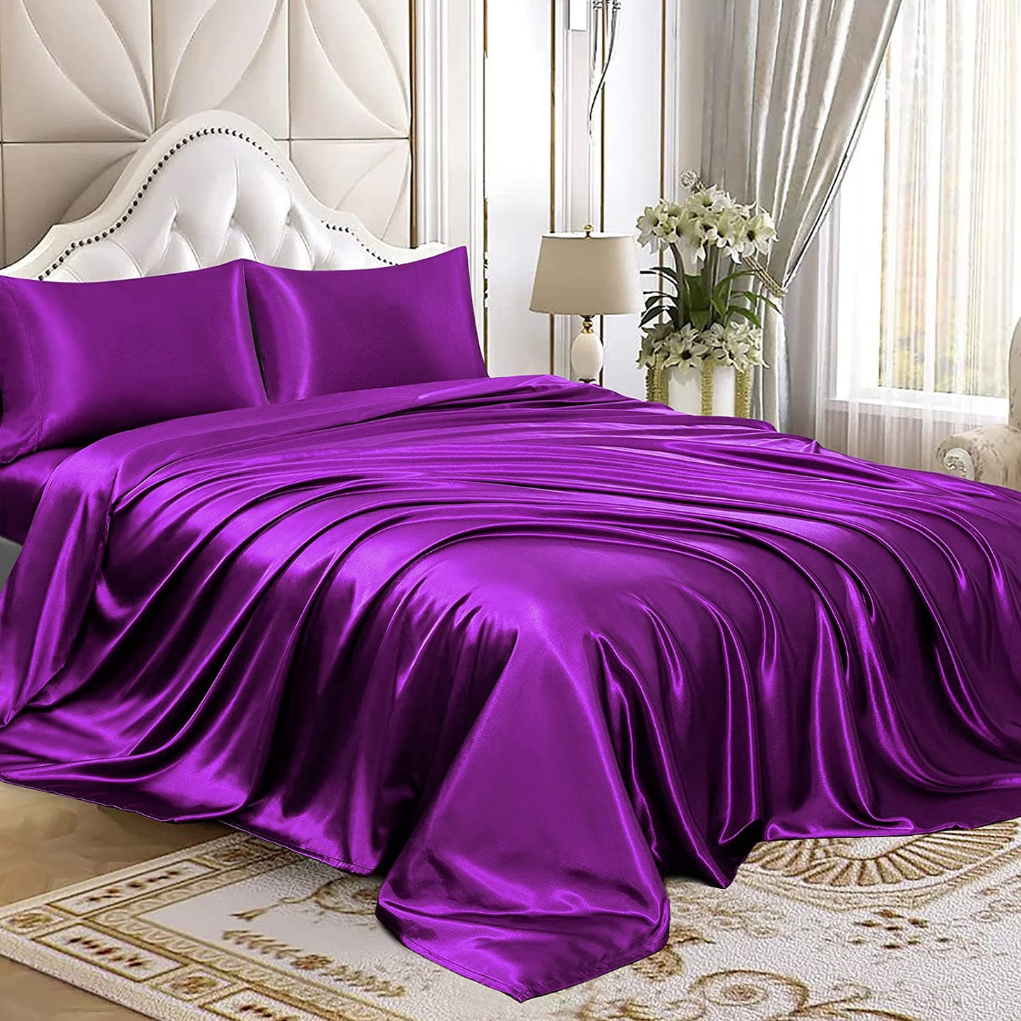 Luxury 4-Piece Silky Satin Flat Fitted Sheets Pillowcase Bed Set (Purple, Queen)