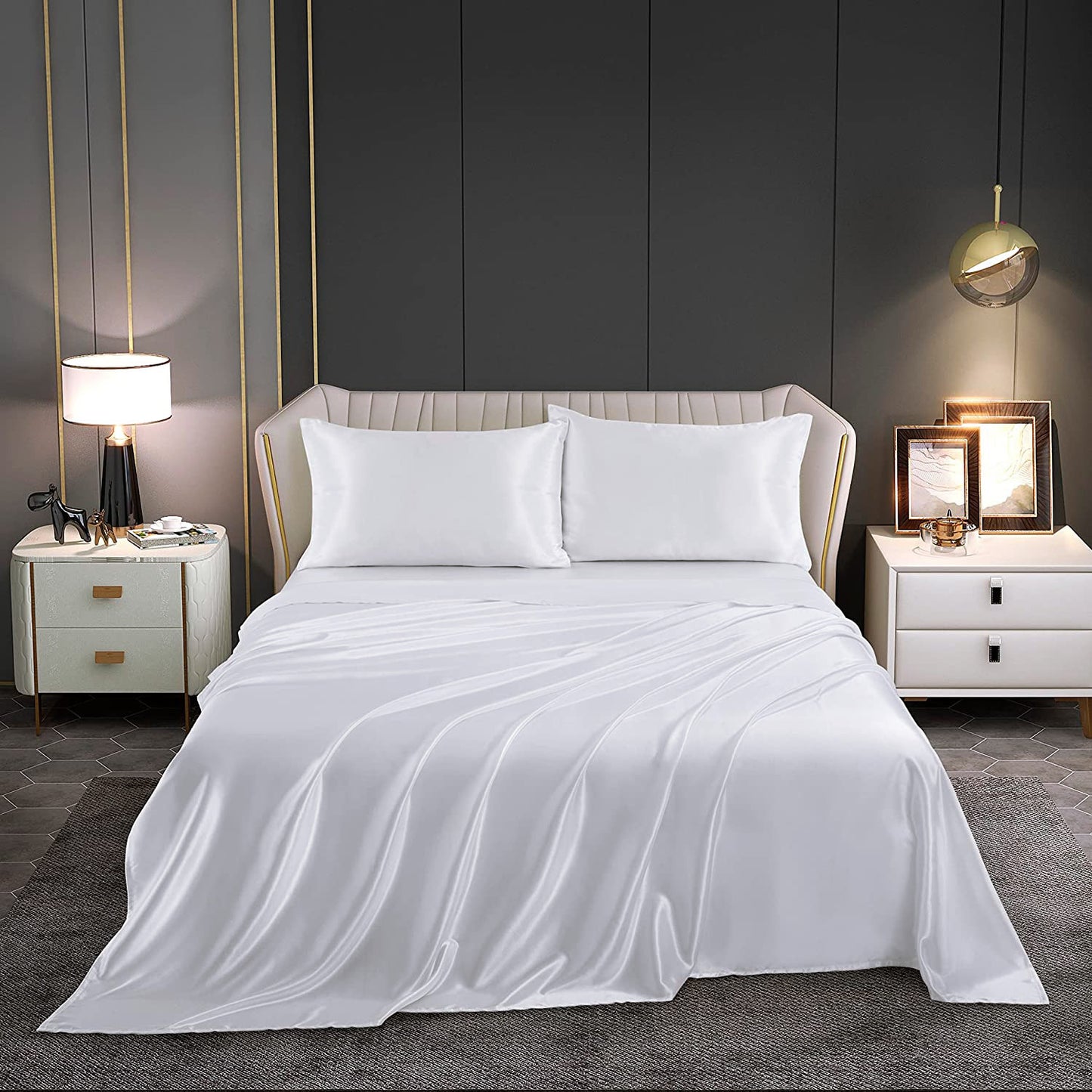 Luxury 4-Piece Silky Satin Flat Fitted Sheets Pillowcase Bed Set (White, Queen)