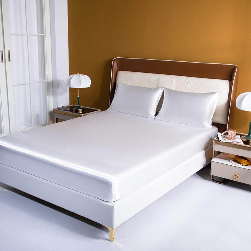 Luxury 4-Piece Silky Satin Flat Fitted Sheets Pillowcase Bed Set (White, Queen)