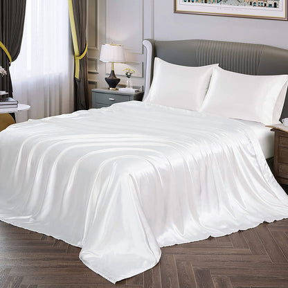 Luxury 4-Piece Silky Satin Flat Fitted Sheets Pillowcase Bed Set (White, Queen)