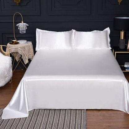 Luxury 4-Piece Silky Satin Flat Fitted Sheets Pillowcase Bed Set (White, Queen)