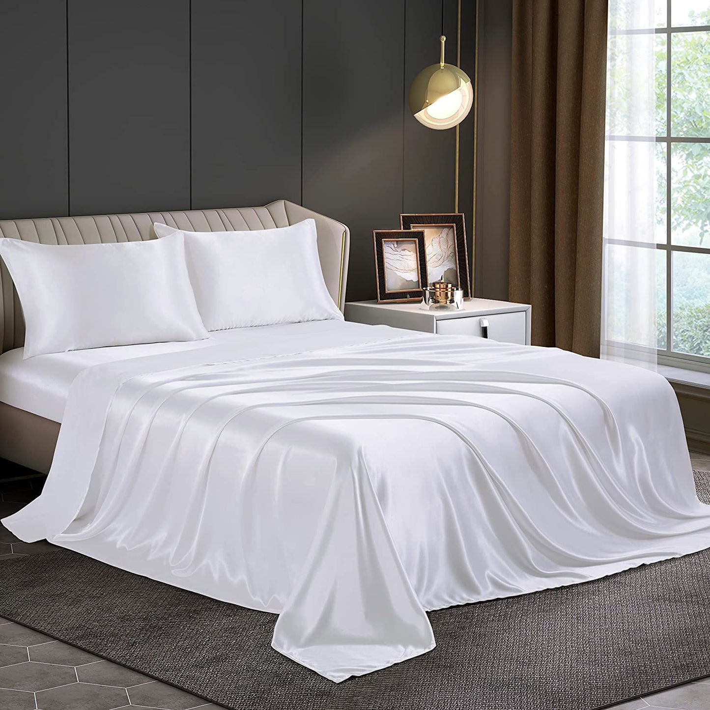 Luxury 4-Piece Silky Satin Flat Fitted Sheets Pillowcase Bed Set (White, Queen)