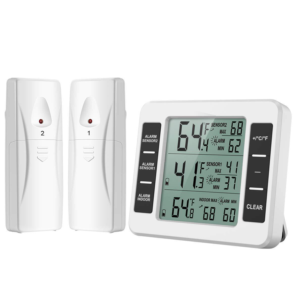 Wireless Digital Refrigerator Freezer Thermometer Remote Dual Sensor Alarm