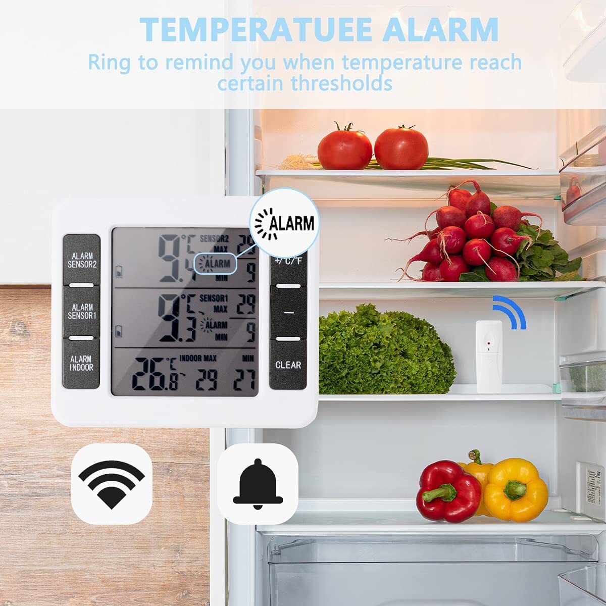 Wireless Digital Refrigerator Freezer Thermometer Remote Dual Sensor Alarm