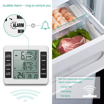 Wireless Digital Refrigerator Freezer Thermometer Remote Dual Sensor Alarm