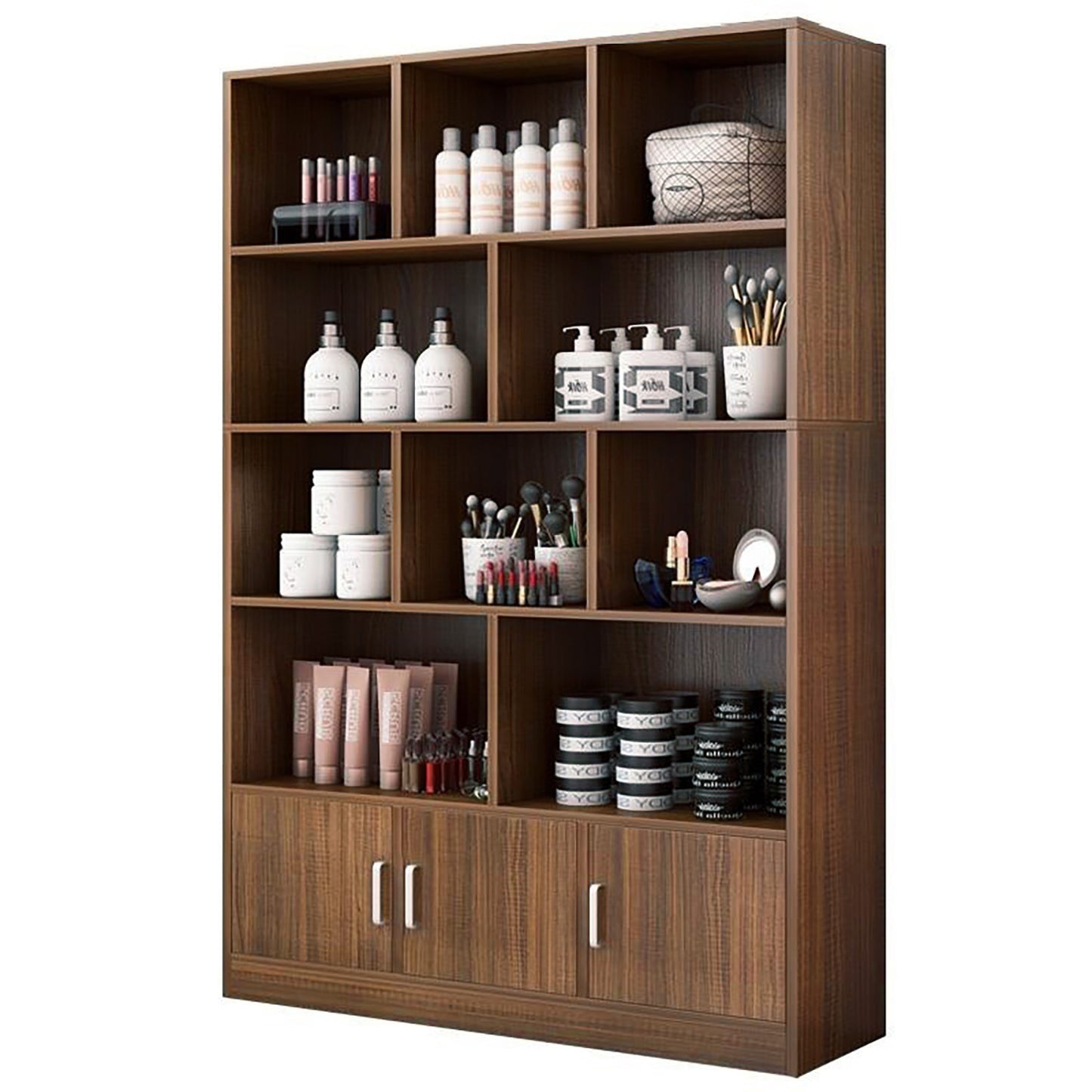 Alpha 10-Shelf 3-Door Wardrobe Cupboard Bookshelf Cabinet (Walnut)