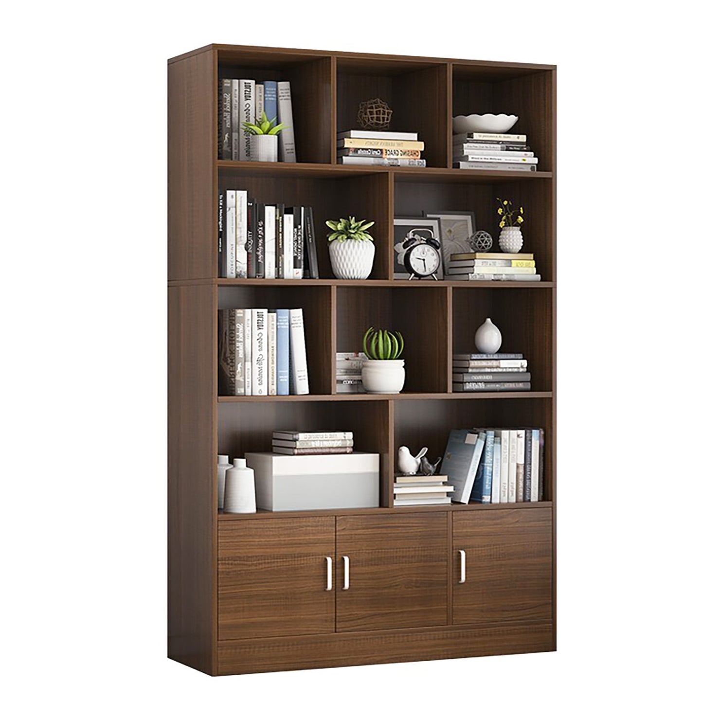 Alpha 10-Shelf 3-Door Wardrobe Cupboard Bookshelf Cabinet (Walnut)