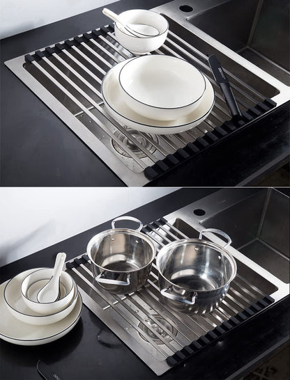 Multi-Use Stainless Steel Roll Up Dish Drying Kitchen Over Sink Rack