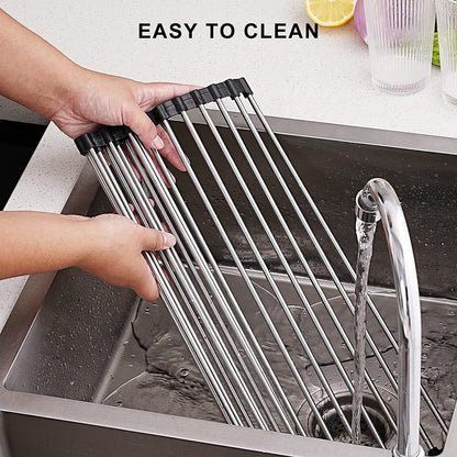 Multi-Use Stainless Steel Roll Up Dish Drying Kitchen Over Sink Rack