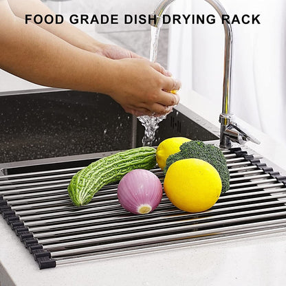 Multi-Use Stainless Steel Roll Up Dish Drying Kitchen Over Sink Rack