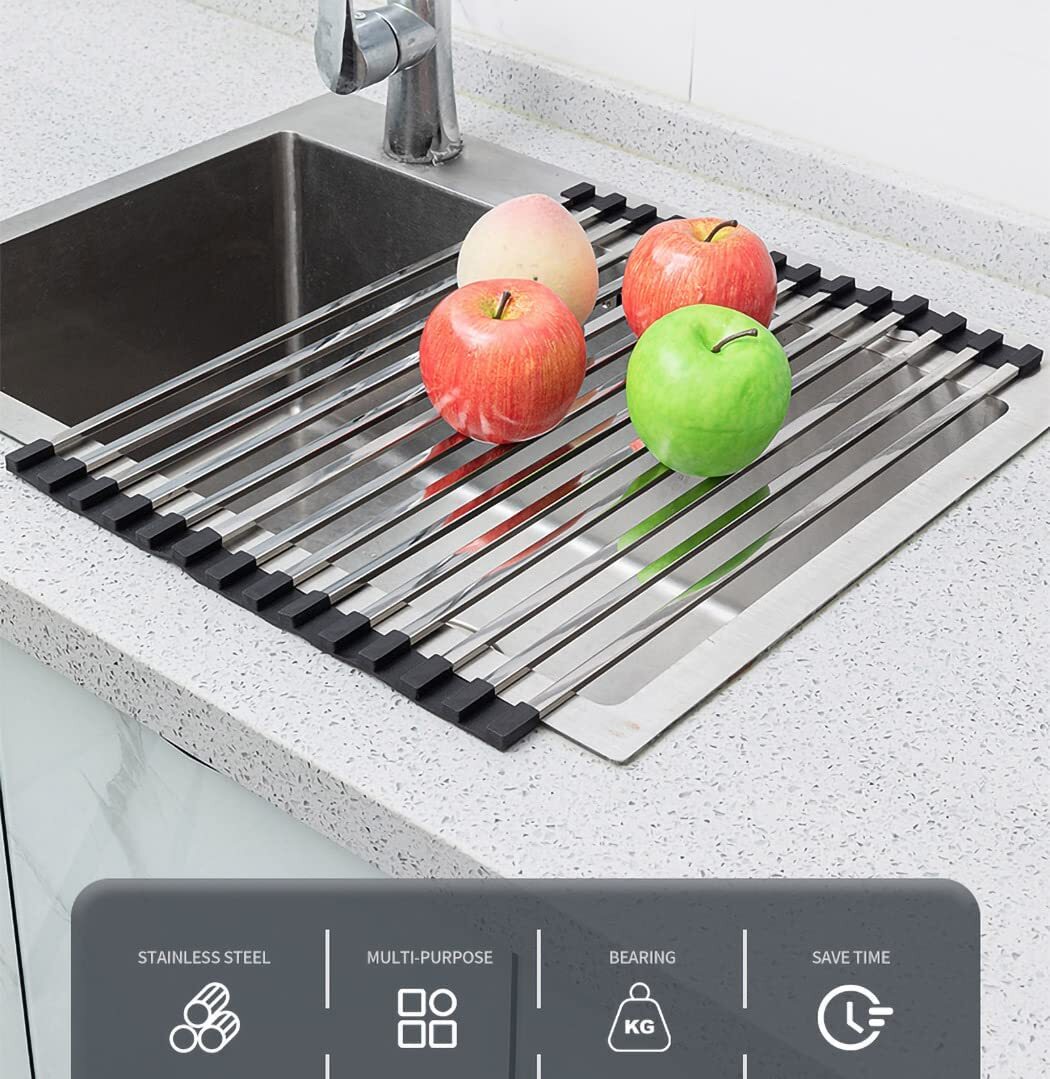 Multi-Use Stainless Steel Roll Up Dish Drying Kitchen Over Sink Rack