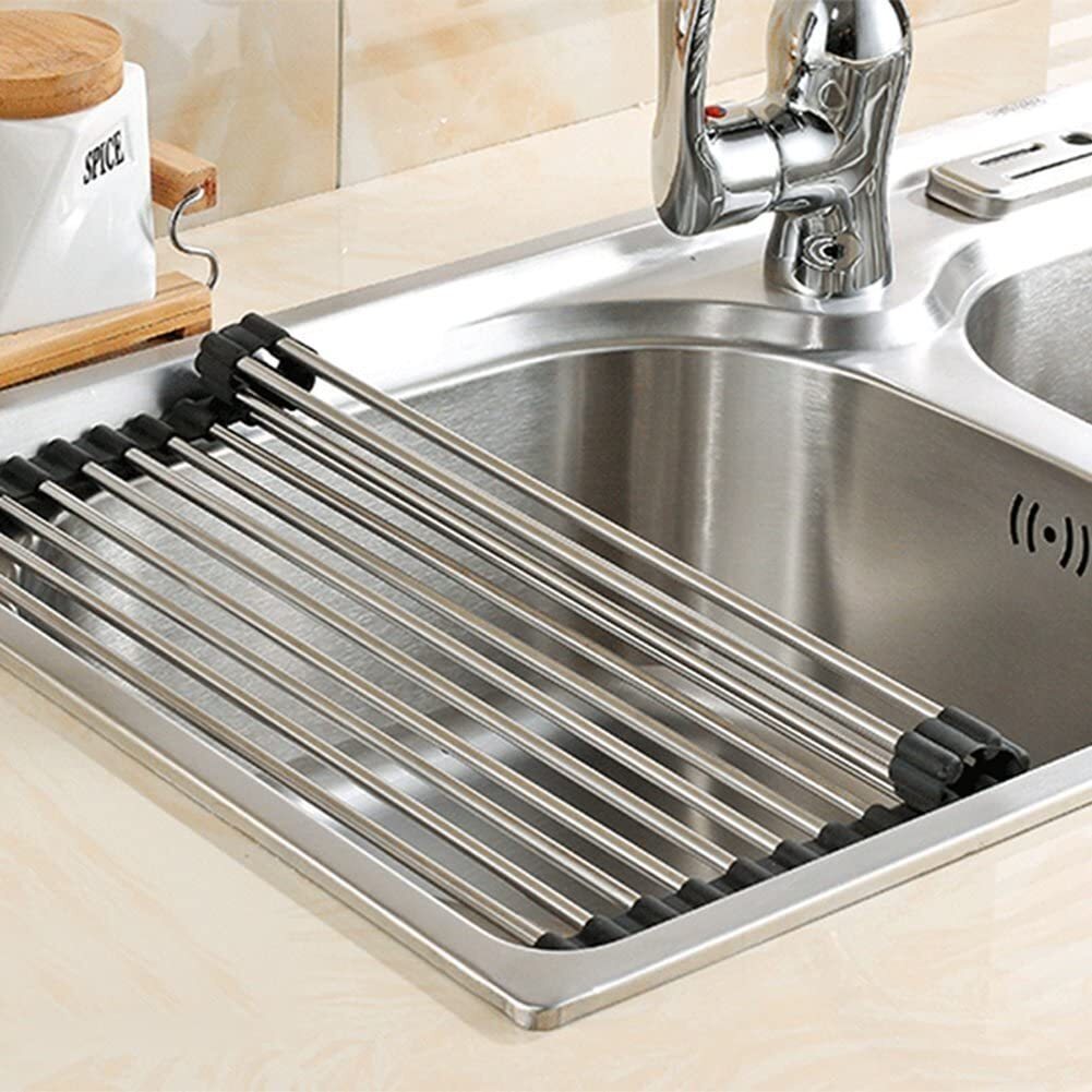 Multi-Use Stainless Steel Roll Up Dish Drying Kitchen Over Sink Rack