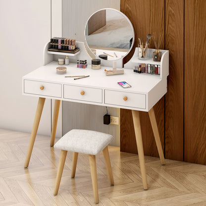 Queen Large Dresser Vanity Table with Mirror, Stool and Storage Drawers Set (White)