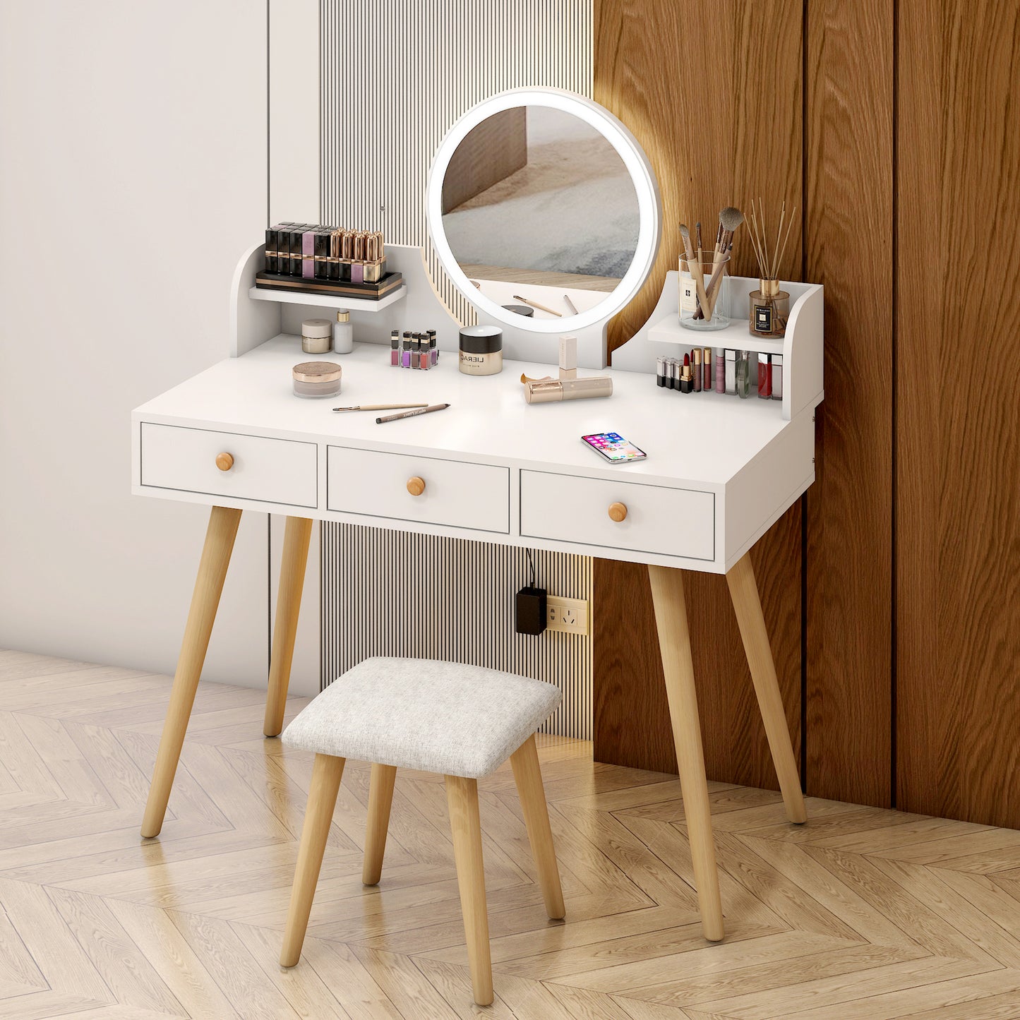 LED Luminous Queen Large Dresser Vanity Table with Mirror, Stool and Storage Drawers Set