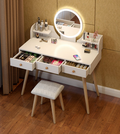 LED Luminous Queen Large Dresser Vanity Table with Mirror, Stool and Storage Drawers Set